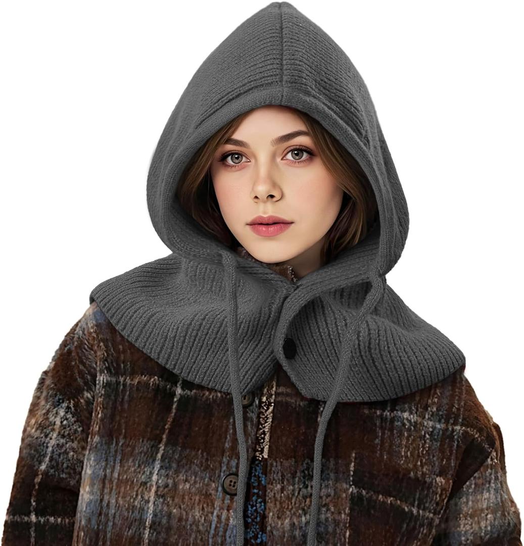 Balaclava Hat for Women, Warm Ear Neck Hooded Scarf Hat with Drawstring, Fashionable Knit Skull Cap Cold Weather (Grey)