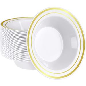 SETUP [12 oz. - 50 Piece Dessert Soup Bowls with Gold Rim, Plastic Bowls Disposable - Premium Heavy-Duty Disposable Soup Bowls for Party, Wedding, and All Occasions