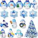 Amyhill 30 Pcs Christmas Blue Snowman Ornaments Wooden Christmas Tree Ornaments Mini Snowman and Snowflake Xmas Tree Hanging Pendant for Winter New Year House Festival Holiday Party Decor