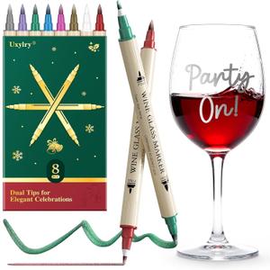Uxylry Wine Glass Markers Washable, 8-Pack Dual Tip Erasable Pens | Food Grade Non-Toxic Ink for Glasses, Ceramic | Ideal Christmas Gifts & Party Accessories