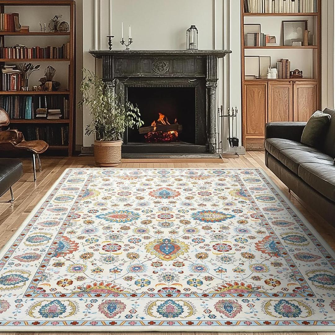 Area Rugs 3x4' Rug for Living Room, Non Slip Washable Rug Beige, Large Area Rugs for Bedroom, Low Pile Soft Vintage Rugs for Bedroom Dining Room Indoor