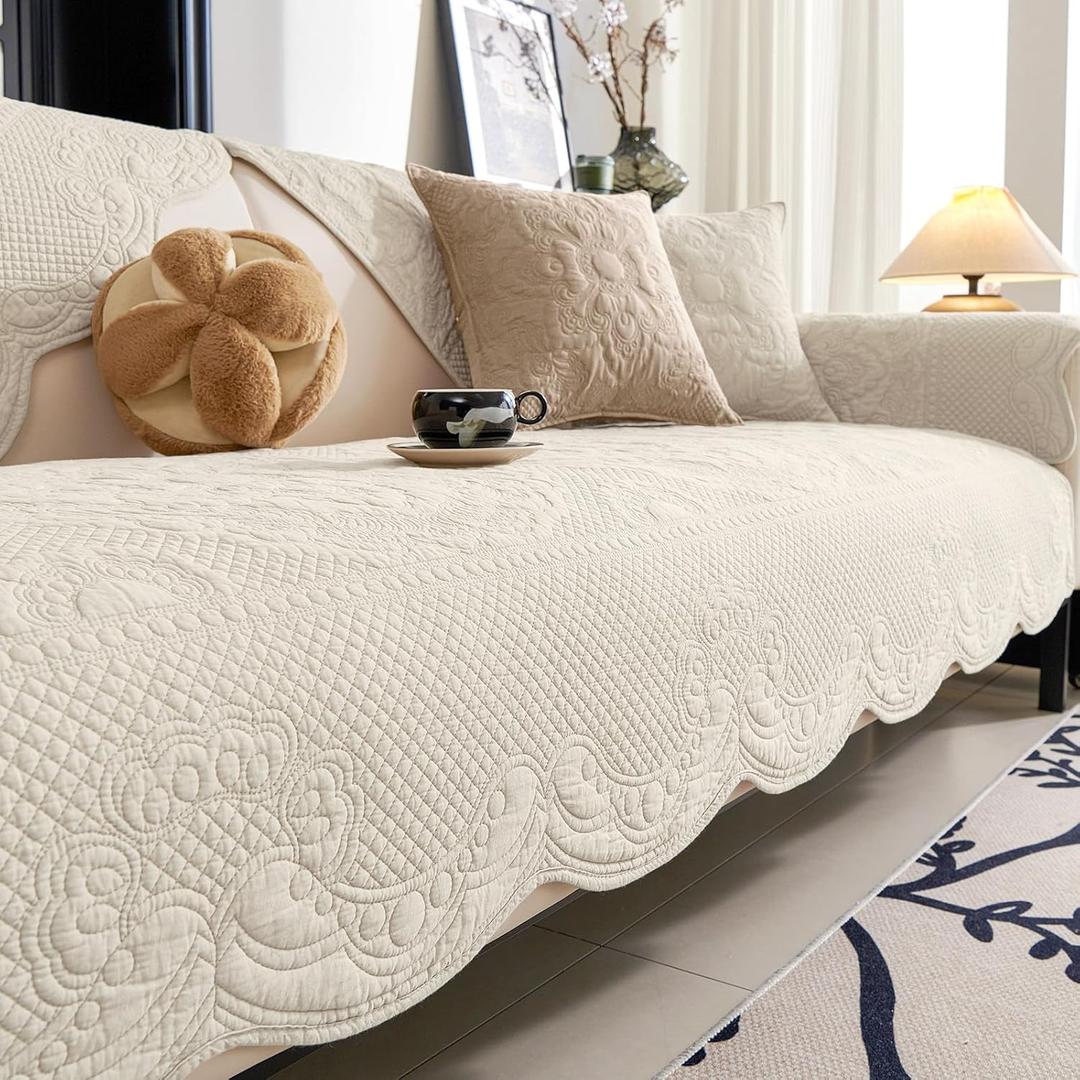 vctops Boho Cotton Quilted Couch Cover Soft Embroidered Sofa Cover Non-Slip Dog Bed Cover Scalloped Sofa Slipcover Washable Furniture Protector Cover (Cream,36"x82")