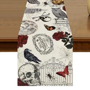 Halloween Table Runner 13x72 Inch Kitchen Dining Retro Gothic Crow Skull Roses Table Decor for Indoor Outdoor Farmhouse Home Holiday Party Decoration ZQ135