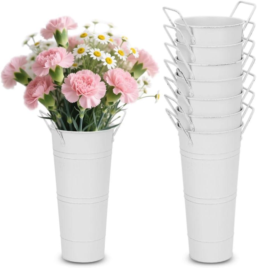 8 Pcs 10 Inch Galvanized Metal Vase, Farmhouse Decorative Flower Buckets for Cut Flowers, French Country Decorative Vases for Home Table Wedding Birthday (White)
