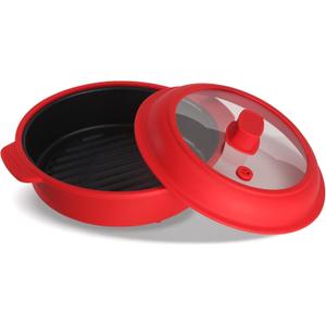 Microwave Grill Pan, Fry Griddle Crisper Pan with Lid for Grilling Browning and Crisping Foods Microwave Silicone Cookware for Meat Sandwich Vegetable Red