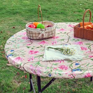 Round Flower Pink Tablecloth, Waterproof Vinyl Tablecloths with Flannel Backing for Table, Wipeable Spillproof Plastic Table Cloth for 45"-56" Tables