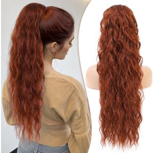 Ponytail Extension 26 Inch Drawstring Ponytail for Women Ginger Curly Wavy Pony Tail Hair Extensions Long Synthetic Hairpiece for Daily Use, Dark Copper Red