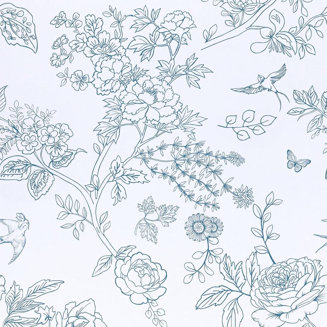 2 x Abyssaly Light Blue Peel and Stick Wallpaper Floarl Bird Contact Paper 17.3" x 196.8" Toile Modern Flower Leaf Wall Paper Self Adhesive Removable Vinyl Wrap for Bathroom Bedroom Kitchen Wall Decor