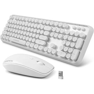 FOPETT Wireless Keyboard and Mouse Combo, 104 Keys Full-Sized 2.4 GHz Round Keycap Colorful Keyboards, USB Receiver Plug and Play, for Windows, Mac, PC, Laptop, Desktop (White)