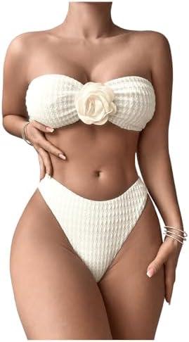 SHENHE Women's Strapless High Cut Bikini Set 3D Rosette Flower 2 Piece Bandeau Swimsuit Large SHENHE Women's Strapless High Cut Bikini Set 3D Rosette Flower 2 Piece Bandeau Swimsuit Large