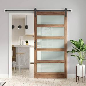 FREDBECK 42 x 84 inch Glass Barn Door with 7FT Barn Door Hardware Kit & Handle Included,5-Panel Frosted Glass, Wood Panel, Water-Proof Surface, Pre-Drilled Holes, Need Assembly