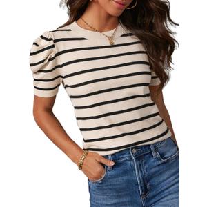 Dokotoo Women's Short Puff Sleeve Knit Tops 2026 Trendy Crewneck Striped T Shirts Casual Summer Blouses M