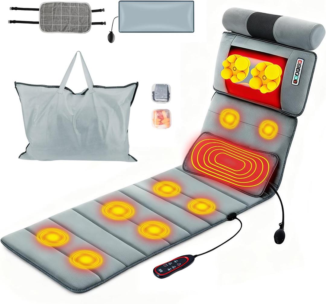 TeqHome Full Body Massage Mat with Heat, Massager Pad with 10 Motors, 9 Modes & 3 Timers with Earplugs & Pillow Cloth, Neck/Back Relief, Anti-Slip for Bed/Sofa, Gift for Men Women (5284(advanced))
