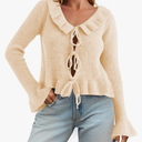 Saodimallsu Womens Tie Front Bow Cardigan Sweaters Cute Ruffle Long Sleeve Knit V Neck Fall Cropped Sweater Tops