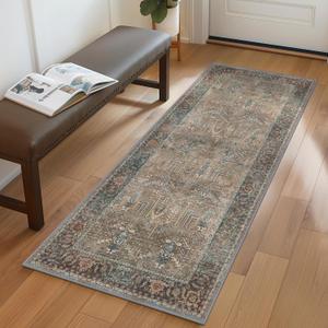GENIMO 2x5 Runner Rug Non Slip, Machine Washable Rug Runners for Hallways, Boho Vintage Distressed Chenille Print Kitchen Runner, Low Pile Thin Lightweight Rugs for Entryway, Laundry, Grey/Brown