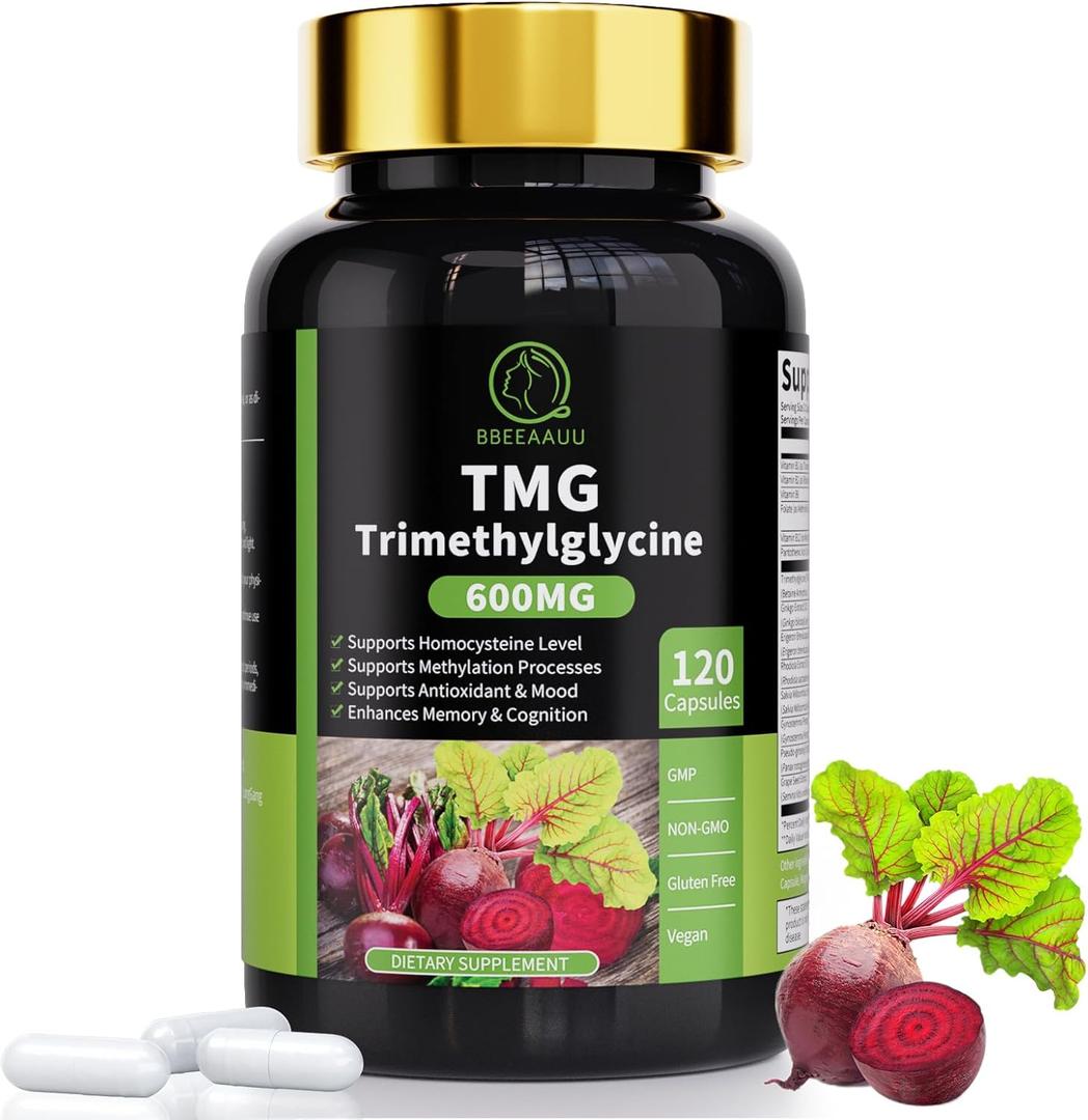 2 x TMG Supplements - Trimethylglycine Capsules, Betaine Anhydrous 600mg, with Vitamin B6, VitaminB12 & Ginkgo, Supports Liver Wellness & Cognitive, Non-GMO, Vegan, 120 Counts
