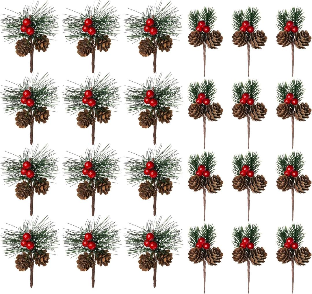 24 PCS Artificial Pine Picks with Pine Needles Branches & Red Berry Stems - 3.15'' Small Fake Berries Pinecones for Crafts, Christmas Tree DIY, Holiday Wreath Decor