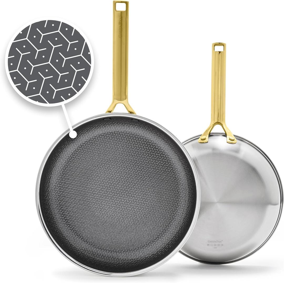 GreenPan Hybrid 9.5 & 11 Nonstick Stainless Steel Frying Pan Set, APEX Tri-Ply Thermobond PFAS-Free Ceramic Skillets, Induction & All Cooktop Compatible, Oven Temp to 850F, Dishwasher Safe, Gold