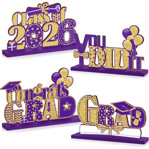 4 Pieces 2026 Graduation Party Decorations Wooden Class of 2026 Table Centerpieces Grad Congratulate Table Toppers for High School College Graduation Party Favor Supplies Photo Booth Props (Purple)