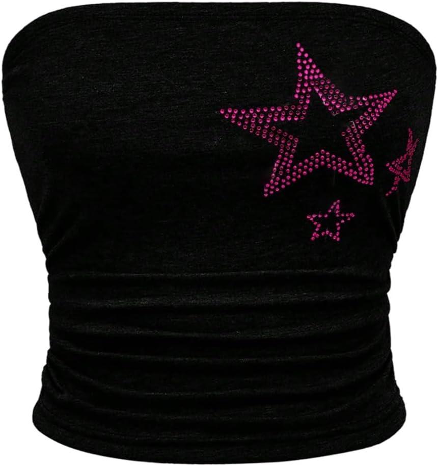 WDIRARA Women's Star Rhinestone Ruched Strapless Crop Tube Top Y2k Graphic Bandeau Tops (Large)