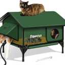 100% Waterproof Heated Cat House for Outdoor Cat with Safe Escape Door, Cat Bed Weatherproof Cat Shelter Kitty with Cat Heating Pad, Insulated Warm House for Feral Cat(Green, 24"x16"x20.2")