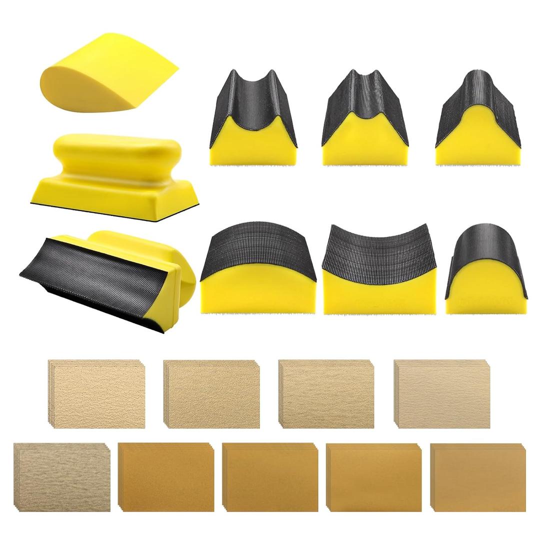 VIBRATITE 9 PCS Contoured Profile Hand Sanding Block, 4 Inch Hand Sander Block Interchangeable Assorted Convex & Concave Shapes with 45 Sheet Assortment Sandpaper for Auto Body, Woodworking, Furniture