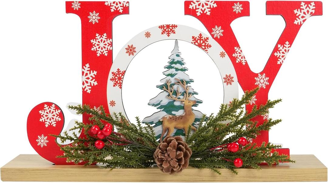 Christmas Wooden Joy Sign Decor,Christmas Tiered Tray Tabletop Decorations Indoor,Cutout Letter Freestanding Xmas Centerpiece Table Joy Sign for Party New Year Winter Holiday Home Fireplace Decor (Large)