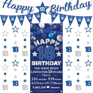 18th Birthday Decorations Banner Boys - 9 Pcs Blue Silver Happy 18th Bday