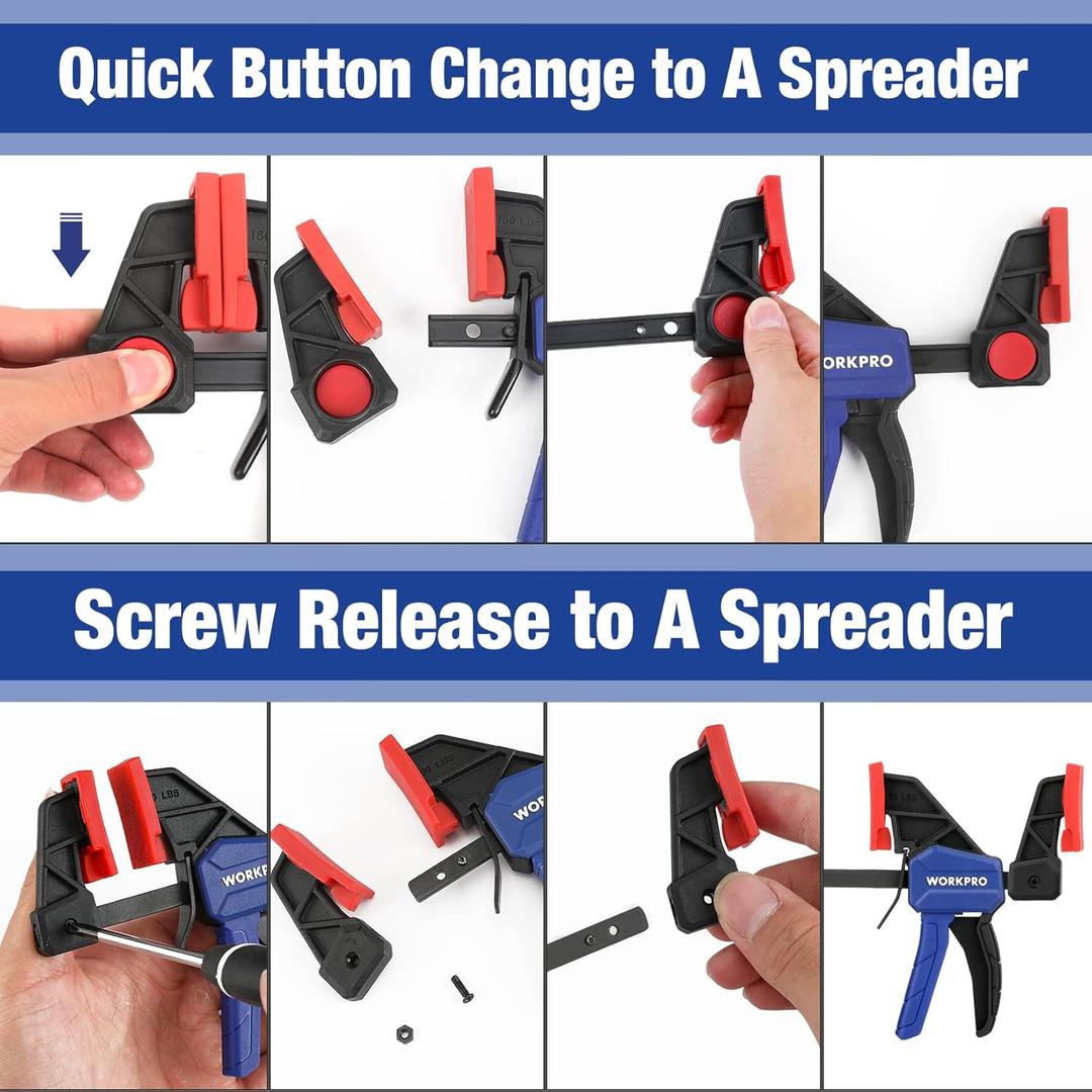 WORKPRO Bar Clamps for Woodworking, 2-Pack One-Handed Clamp/Spreader, 6-Inch  and 12-Inch Wood Clamps Set, Light-Duty Quick-Change F Clamp with 150 lbs Load Limit Blue