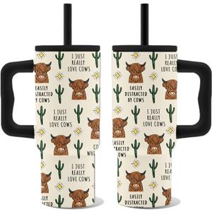 Highland Cow Tumbler with Handle 24oz, Insulated Stainless Steel Western Cows Cup, Highland Cow Gifts for Women Teens Cowgirl Farmer Animal Lovers