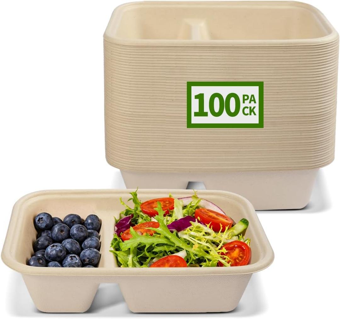 100 Pack 2 Compartment Paper Bowls for Chip Dip, Nacho Cheese, Main Dish and Sides, Microwavable Two Compartment Deep Disposable Bowls for Snacks, Party Catering