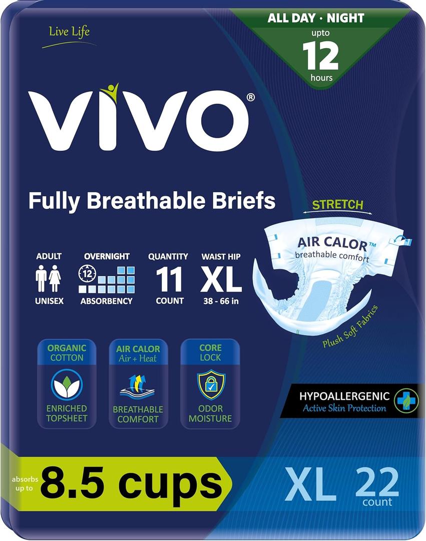 VIVO Organic Cotton Overnight Sensitive Skin Adult Incontinence Diaper Briefs with Tabs, X-Large 22 Count