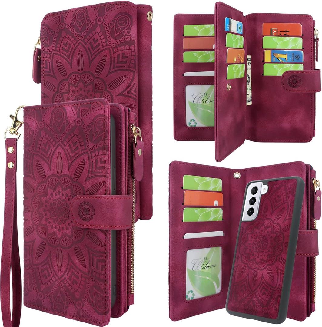Harryshell Detachable Magnetic Zipper Wallet Leather Case Cash Pocket with 12 Card Slots Holder Wrist Strap for Samsung Galaxy S21+ S21 Plus 5G 6.7 Inch (2021) Floral Flower (Wine Red)