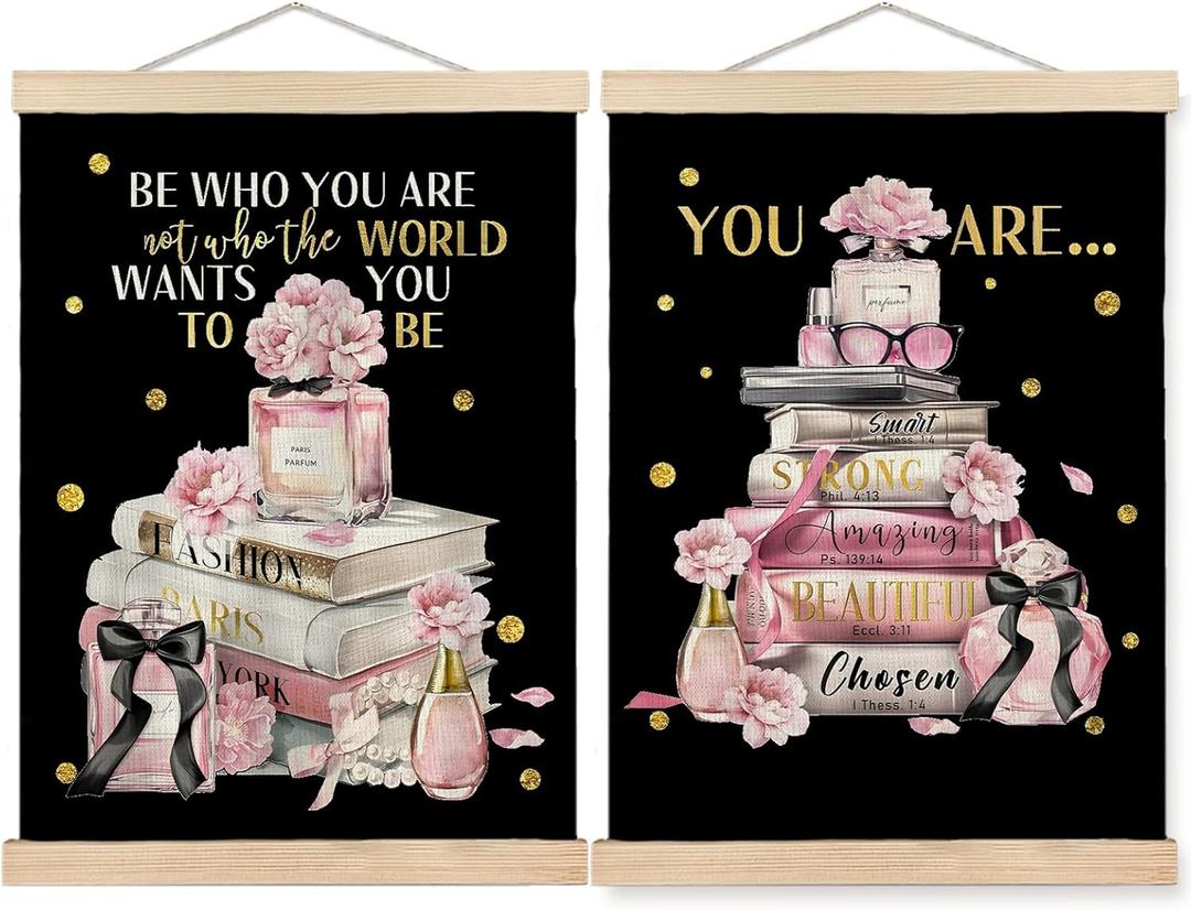 SPBL&L Inspirational Girly Wall Art, Motivational Christian Poster Hanger Frame, Positive Affirmation Hanging Canvas Pictures Prints Wall Decor for Girls Room Dorm Apartment, 12x16 Inch Set of 2