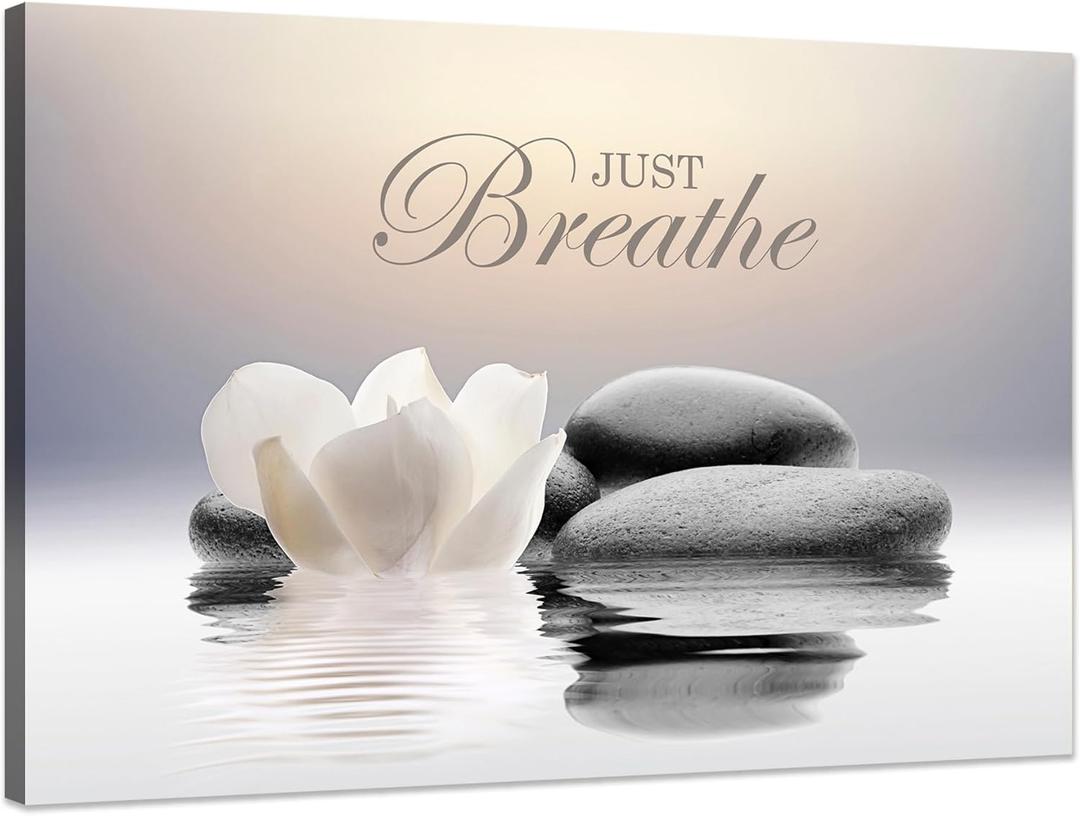 Zen Stone Canvas Wall Art Just Breathe Yoga Quotes Poster for Spa Decor White Lotus Flower Pictures Prints for Bathroom Modern Spiritual Artwork Framed (12 x 16inches) (12L" x 16W", Mindset Lotus 02)