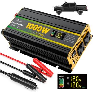 1000W Power Inverter 12V to 110V for Vehicles/Truck/Car/Laptop, 1000 Watt Car Power Inverter with Cigarette Lighter/LED Display/100A Battery Cables/2 AC Outlets/2 USB Port, Surge 2000W Car Inverter (12V-1000W-Modified Sine Wave)