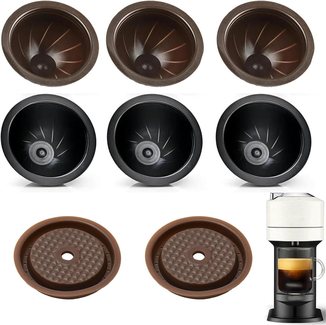 Value Set (6 Cups & 2 Silicone Lids) Reusable Pods for Nespresso Vertuo, 3x150ml & 3x230ml Refillable Coffee Capsules,Compatible with Vertuoline Plus & GCAT1 and Delonghi ENV135/ENV150