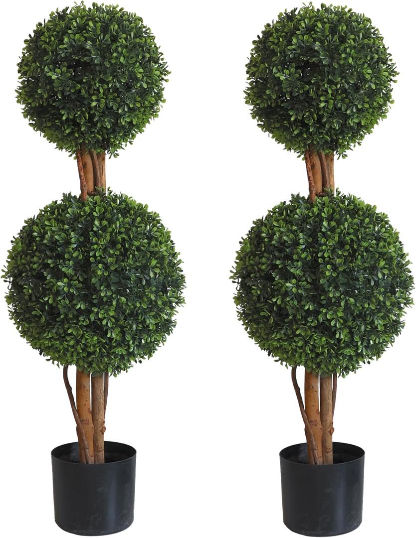 Lifelike Indoor&Outdoor use 3Ft Boxwood Double Ball Topiary Trees Faux Topiary Tree for Porch,Home,Garden Decor(Set of 2) (3' BOXWOOD)