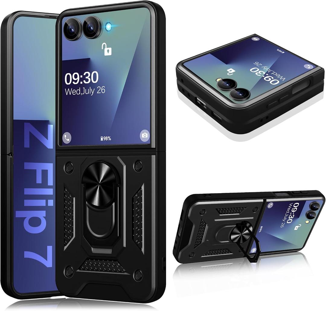 Case for Samsung Galaxy Z Flip 7 Case with Magnetic Kickstand Slide Camera Cover Protector Car Mount Stand Military Grade Heavy Duty Shockproof Bumper Protective Cases for Samsung Z Flip 7 5G (Black)