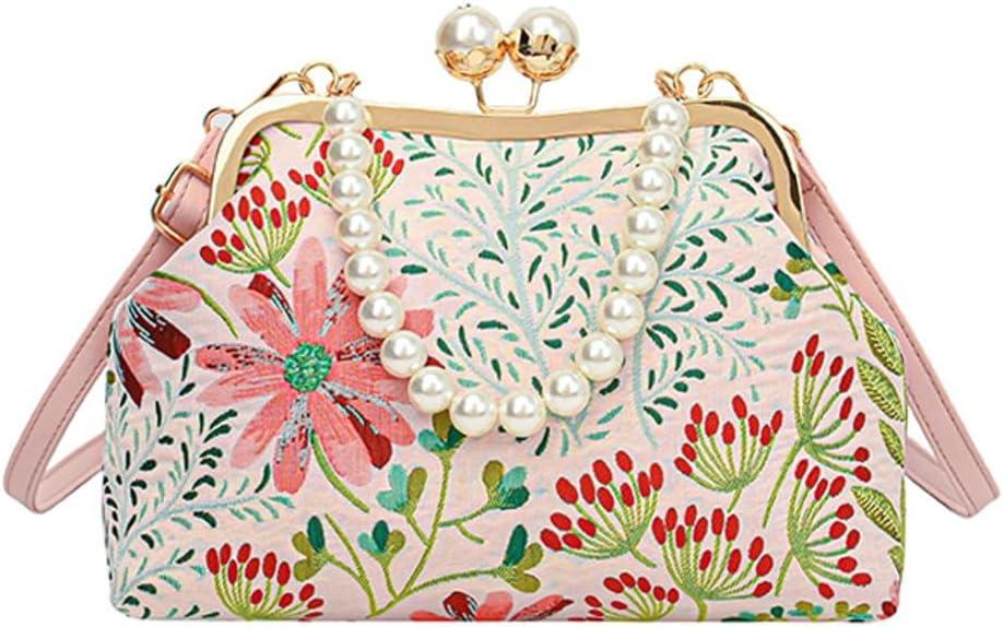 Vintage Embroidered Flower Handbag Retro Pearl Chain Crossbody Bag Clutch Kiss Lock Top Handle Shoulder Purse Wallet 2026