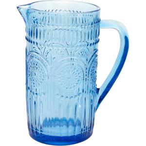 Boston International Vintage-Inspired Glass Pitcher with Embossed Floral Pattern, 4.5" x 7.75", Sky Blue Codi