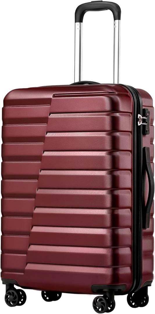 Coolife Medium Checked Luggage with Spinner Wheels, Hardside Suitcase TSA Lock Lightweight Travel Luggage 24-inch,Wine Red