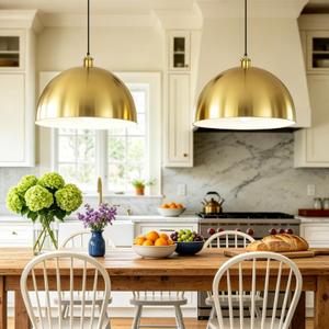 Gold Pendant Light, 16" Farmhouse Ceiling Light with Gold and White, Elegant Semi-Circular Shade Design, Adjustable Height Industrial Dome Pendant Lights for Kitchen Island, Dining Room