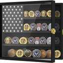Military Challenge Coin Display Case Holder with Acrylic Cover, Wall Mount Coin Stand Rack with 2 Grooves Shelvesx, Pin Display Cabinet, 4 Rows Medal Display Case Cabinet Rack with American Flag