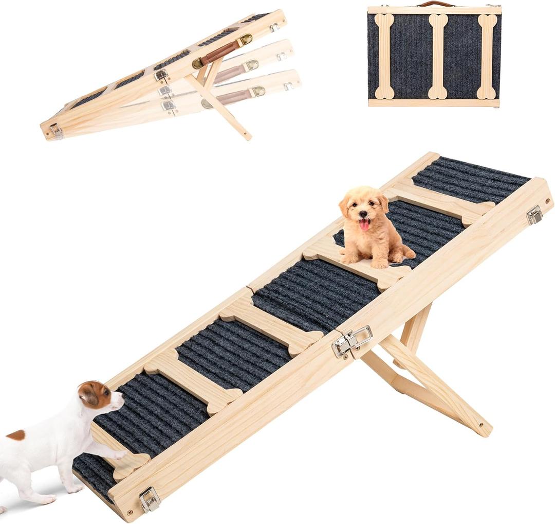 GENMOUS 30.5" Wooden Adjustable Dog Ramps for Bed,5 Levels Height Pet Steps for Small Dogs and Cats,Non-Slip Balanced Dog Indoor Outdoor Ramp,Wood Color