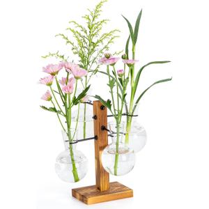 Plant Propagation Station, Plant Terrarium with Wood Stand for Hydroponics Plants, Home Office Garden Decor Planter, Plant Lover Gifts - 4 Bulb Glass Vases (Small)