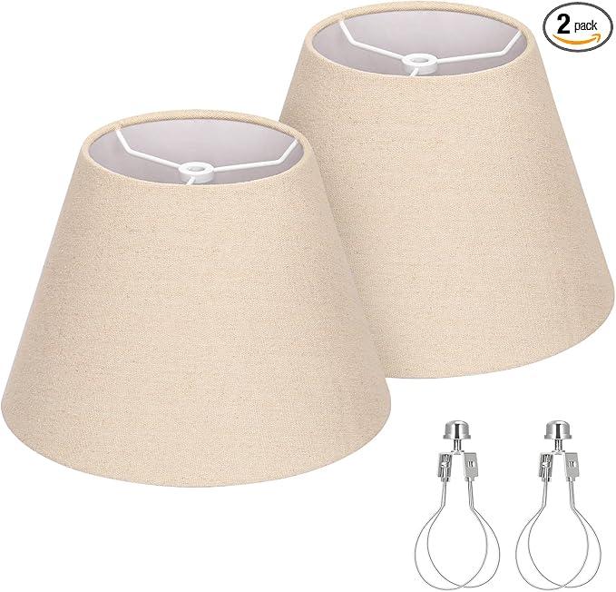 Seaside village Small Lamp Shades for Table Lamp, Natural Linen Lamp Shades Set of 2, 5.5" Top x 10" Bottom x 6.6" High, Brown Burlap Lampshade Replacement, Spider, Bulb Clip Adapters Included