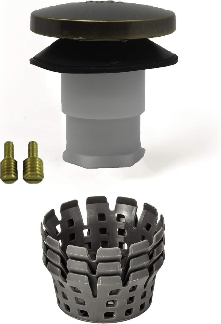 Universal Toe Touch (Tip Toe, Foot Actuated) Bath Tub/Bathtub Drain Stopper Includes 3/8" and 5/16" Fittings (With Hair Catcher, Antique Brass)