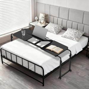 Overbed Desk with Wheels, Adjustable Height Over The Bed Table, King Queen Mobile Over Bed Desk, Overbed Table with Tiltable Tabletop for Laptop and Bedroom Work (Black, 55 * 16IN Tiltable)