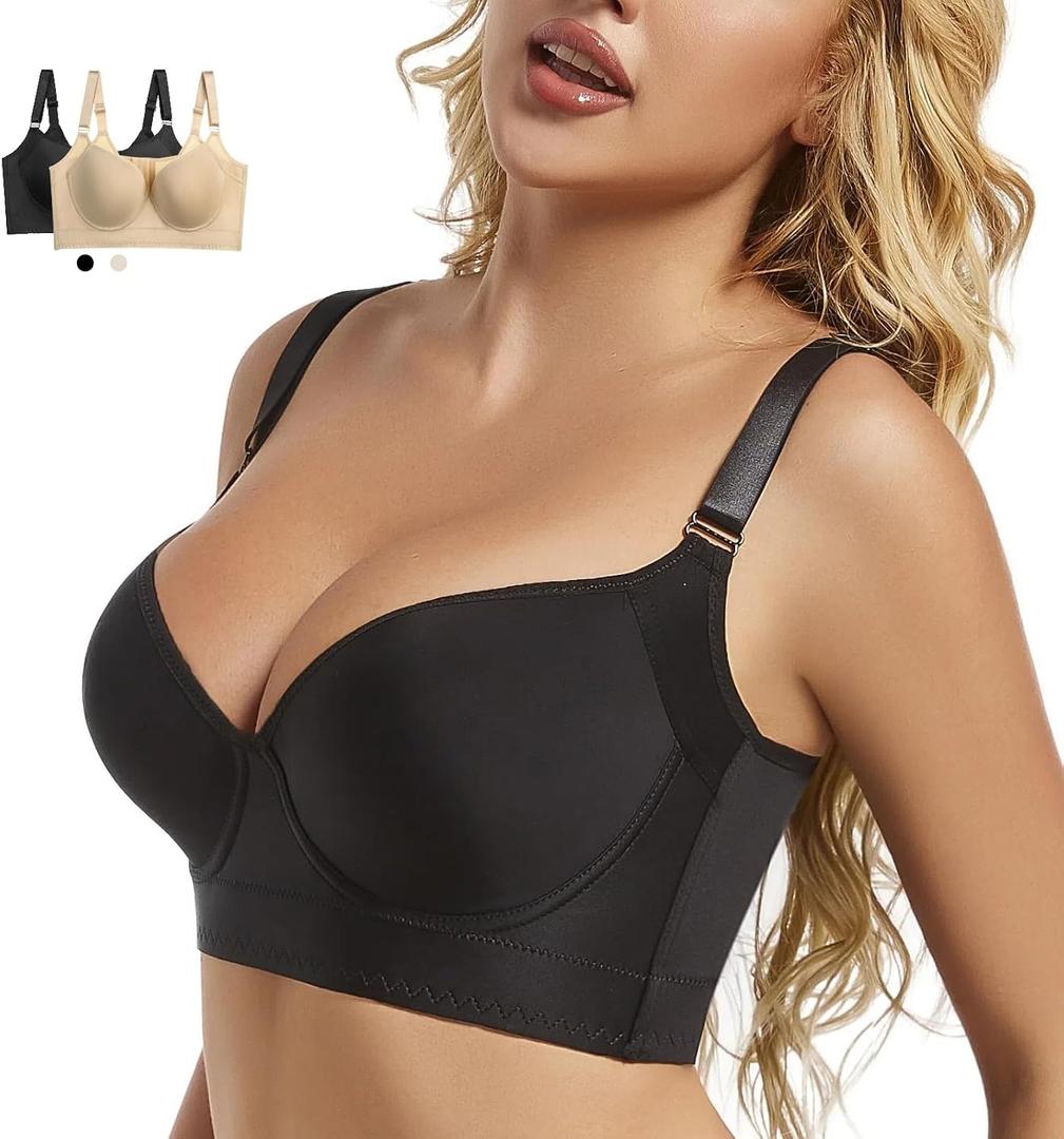 Push Up Bra for Women - Uplift Sculpting T-Shirt Bra with Full Back Coverage and Back Fat Smoothing (Black, L)